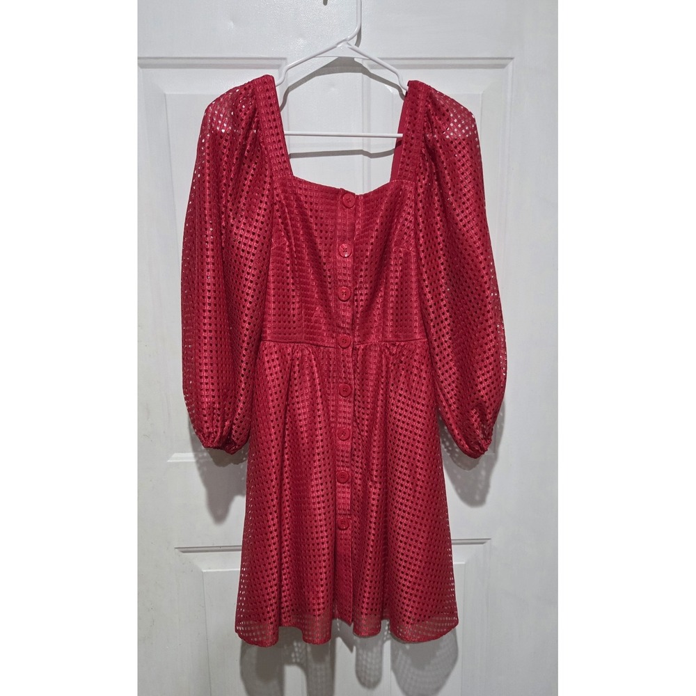 New York & Company Red Button Front Dress With Puffy Sleeves Women M-NWT